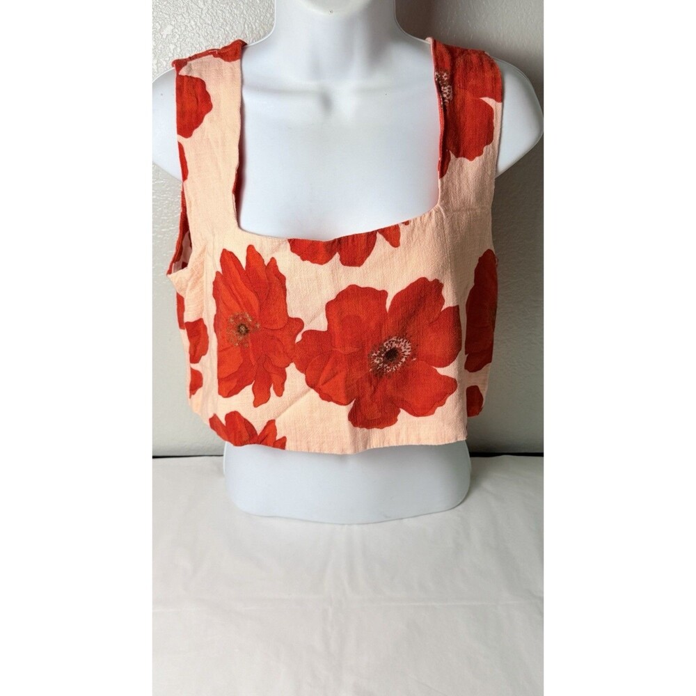 Paper Heart Floral Crop Top Size M Medium Red Poppy Linen Blend Square Neck Tank